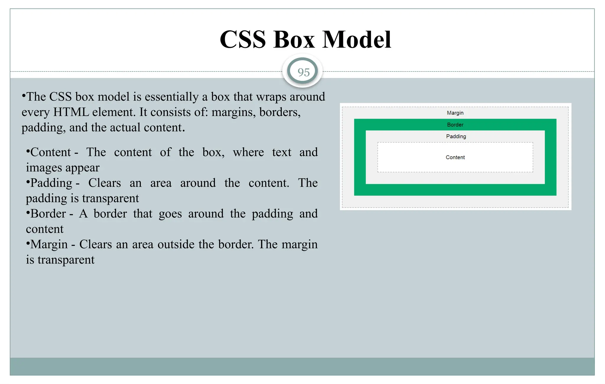 95
CSS Box Model
•The CSS box model is essentially a box that wraps around
every HTML element. It consists of: margins, borders,
padding, and the actual content.
•Content - The content of the box, where text and
images appear
•Padding - Clears an area around the content. The
padding is transparent
•Border - A border that goes around the padding and
content
•Margin - Clears an area outside the border. The margin
is transparent
 