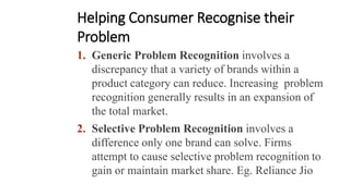 Helping Consumer Recognise their
Problem
1. Generic Problem Recognition involves a
discrepancy that a variety of brands within a
product category can reduce. Increasing problem
recognition generally results in an expansion of
the total market.
2. Selective Problem Recognition involves a
difference only one brand can solve. Firms
attempt to cause selective problem recognition to
gain or maintain market share. Eg. Reliance Jio
 