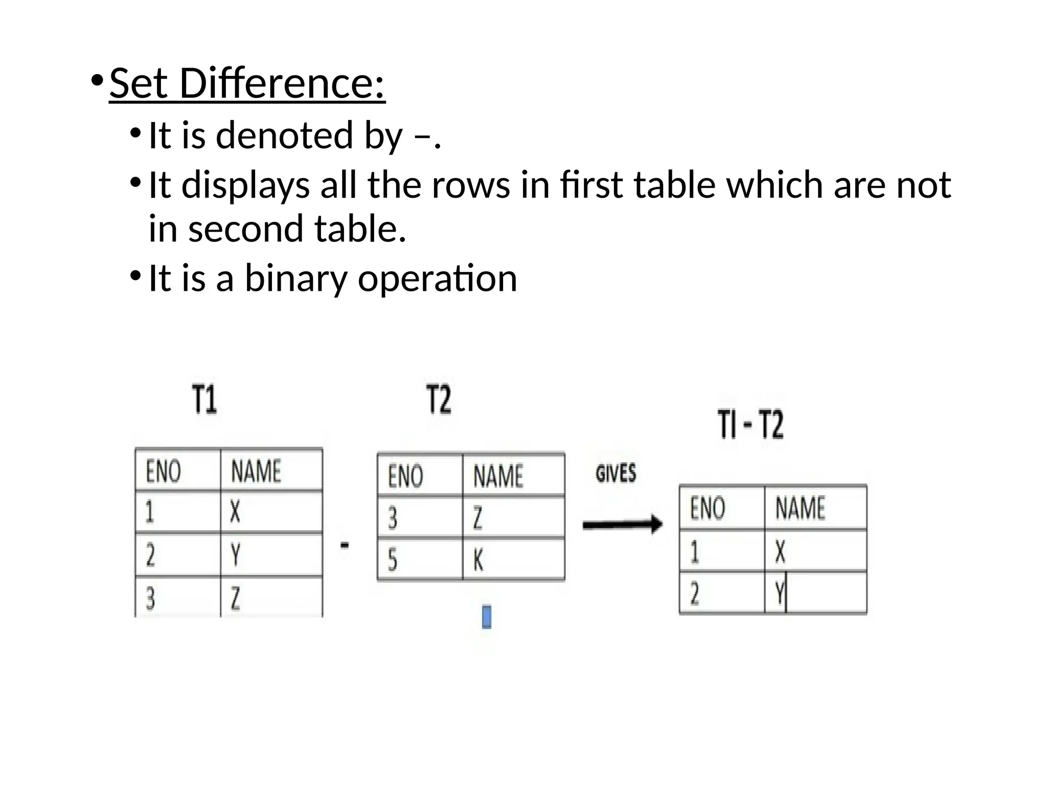 •Set Difference:
•It is denoted by –.
•It displays all the rows in first table which are not
in second table.
•It is a binary operation
 