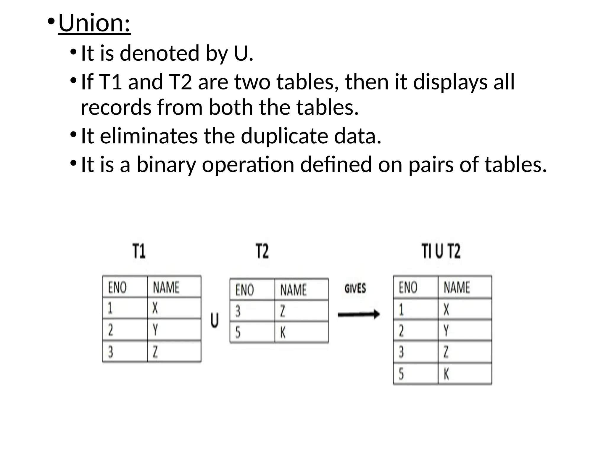 •Union:
•It is denoted by U.
•If T1 and T2 are two tables, then it displays all
records from both the tables.
•It eliminates the duplicate data.
•It is a binary operation defined on pairs of tables.
 