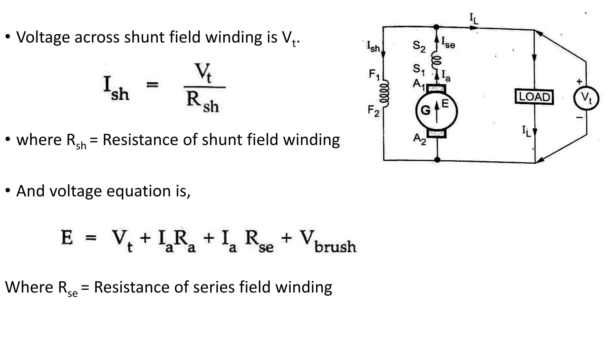 • Voltage across shunt field winding is Vt.
• where Rsh = Resistance of shunt field winding
• And voltage equation is,
Where Rse = Resistance of series field winding
 