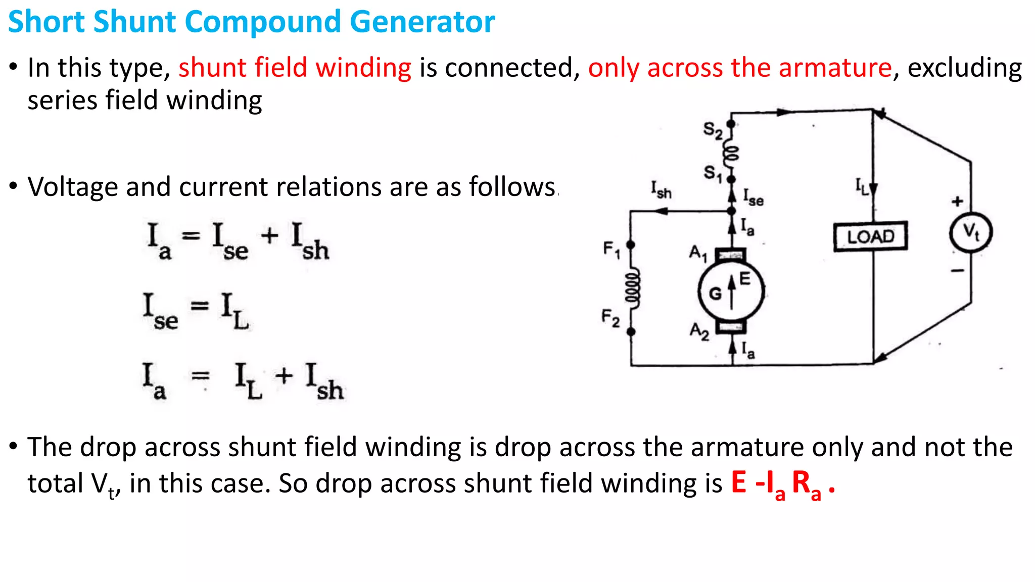Short Shunt Compound Generator
• In this type, shunt field winding is connected, only across the armature, excluding
series field winding
• Voltage and current relations are as follows.
• The drop across shunt field winding is drop across the armature only and not the
total Vt, in this case. So drop across shunt field winding is E -Ia Ra .
 