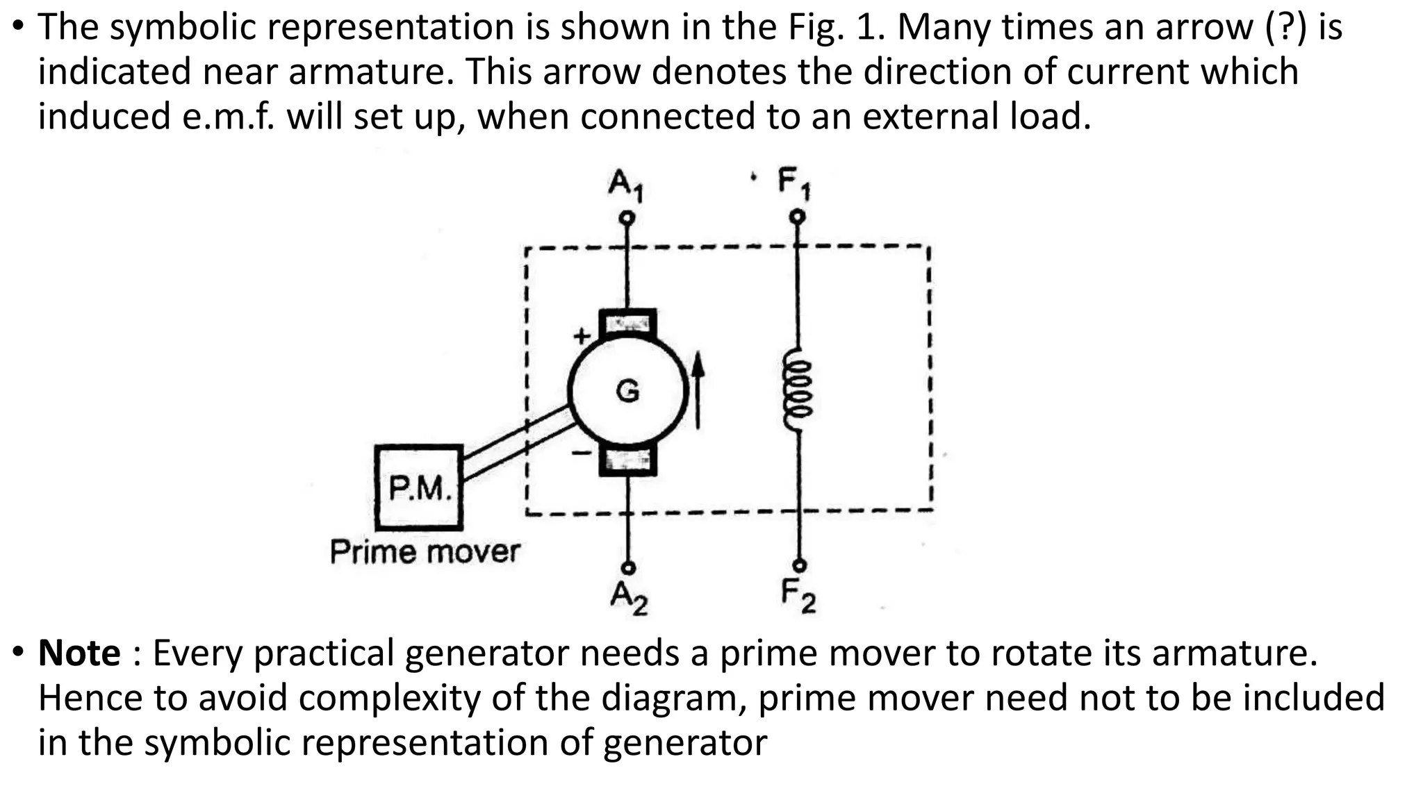 • The symbolic representation is shown in the Fig. 1. Many times an arrow (?) is
indicated near armature. This arrow denotes the direction of current which
induced e.m.f. will set up, when connected to an external load.
• Note : Every practical generator needs a prime mover to rotate its armature.
Hence to avoid complexity of the diagram, prime mover need not to be included
in the symbolic representation of generator
 