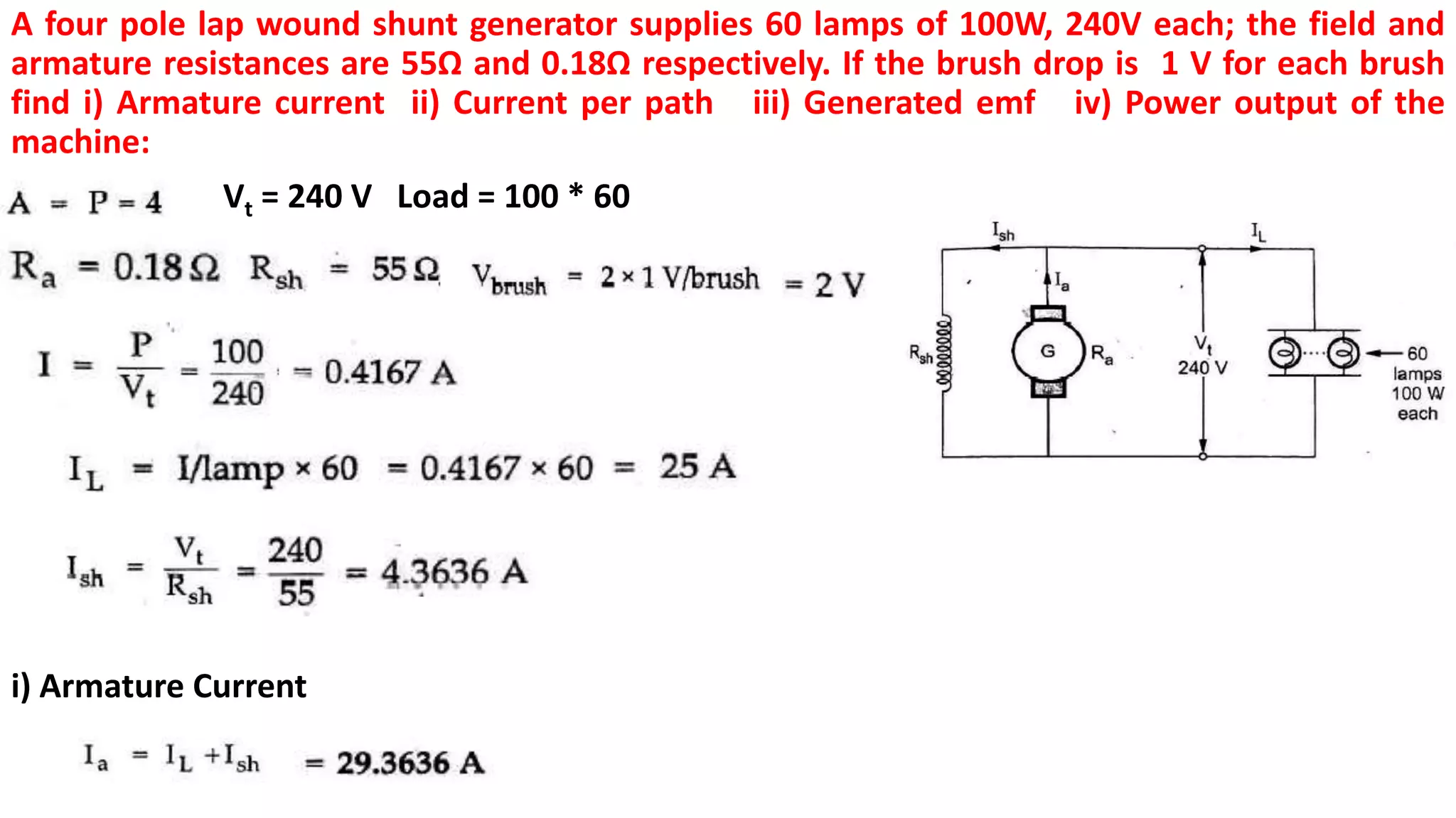 A four pole lap wound shunt generator supplies 60 lamps of 100W, 240V each; the field and
armature resistances are 55Ω and 0.18Ω respectively. If the brush drop is 1 V for each brush
find i) Armature current ii) Current per path iii) Generated emf iv) Power output of the
machine:
Vt = 240 V Load = 100 * 60
i) Armature Current
 