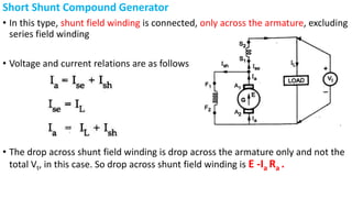 Short Shunt Compound Generator
• In this type, shunt field winding is connected, only across the armature, excluding
series field winding
• Voltage and current relations are as follows.
• The drop across shunt field winding is drop across the armature only and not the
total Vt, in this case. So drop across shunt field winding is E -Ia Ra .
 