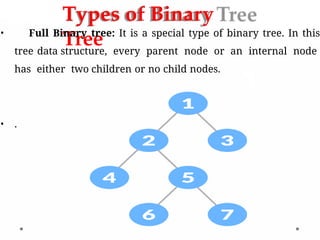 Types of Binary
Tree
• Full Binary tree: It is a special type of binary tree. In this
tree data structure, every parent node or an internal node
has either two children or no child nodes.
• .
 