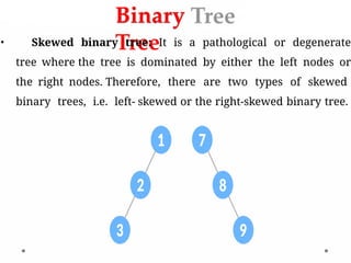 Binary
Tree
• Skewed binary tree: It is a pathological or degenerate
tree where the tree is dominated by either the left nodes or
the right nodes. Therefore, there are two types of skewed
binary trees, i.e. left- skewed or the right-skewed binary tree.
 