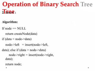 Operation of Binary Search
Tree
2. Insert :
Algorithm:
If node == NULL
return createNode(data)
if (data < node->data)
node->left = insert(node->left,
data); else if (data > node->data)
node->right = insert(node->right,
data);
return node;
 