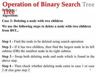 Operation of Binary Search
Tree
3. Delete :
Algorithm:
Case 3: Deleting a node with two children
We use the following steps to delete a node with two children
from BST...
Step 1 - Find the node to be deleted using search operation
Step 2 - If it has two children, then find the largest node in its left
subtree (OR) the smallest node in its right subtree.
Step 3 - Swap both deleting node and node which is found in the
above step.
Step 4 - Then check whether deleting node came to case 1 or case
2 or else goto step 2
 