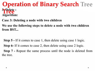 Operation of Binary Search
Tree
3. Delete :
Algorithm:
Case 3: Deleting a node with two children
We use the following steps to delete a node with two children
from BST...
Step 5 - If it comes to case 1, then delete using case 1 logic.
Step 6- If it comes to case 2, then delete using case 2 logic.
Step 7 - Repeat the same process until the node is deleted from
the tree.
 