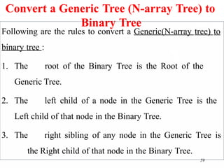 Convert a Generic Tree (N-array Tree) to
Binary Tree
Following are the rules to convert a Generic(N-array tree) to
binary tree :
1. The root of the Binary Tree is the Root of the
Generic Tree.
2. The left child of a node in the Generic Tree is the
Left child of that node in the Binary Tree.
3. The right sibling of any node in the Generic Tree is
the Right child of that node in the Binary Tree.
59
 