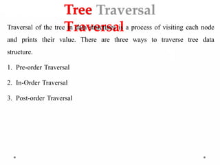 Tree
Traversal
Traversal of the tree in data structures is a process of visiting each node
and prints their value. There are three ways to traverse tree data
structure.
1. Pre-order Traversal
2. In-Order Traversal
3. Post-order Traversal
 