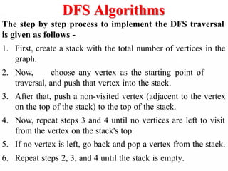DFS Algorithms
The step by step process to implement the DFS traversal
is given as follows -
1. First, create a stack with the total number of vertices in the
graph.
2. Now, choose any vertex as the starting point of
traversal, and push that vertex into the stack.
3. After that, push a non-visited vertex (adjacent to the vertex
on the top of the stack) to the top of the stack.
4. Now, repeat steps 3 and 4 until no vertices are left to visit
from the vertex on the stack's top.
5. If no vertex is left, go back and pop a vertex from the stack.
6. Repeat steps 2, 3, and 4 until the stack is empty.
 