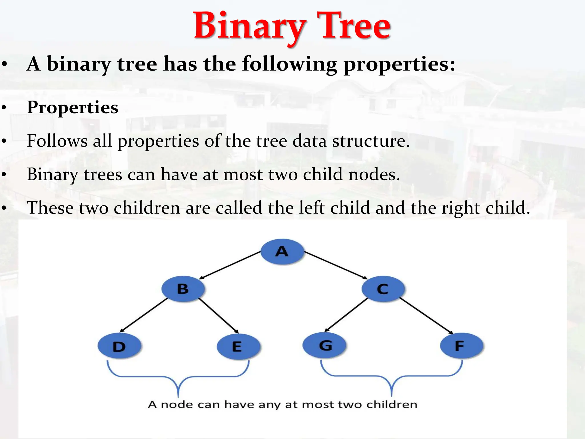 Binary Tree
• A binary tree has the following properties:
• Properties
• Follows all properties of the tree data structure.
• Binary trees can have at most two child nodes.
• These two children are called the left child and the right child.
 