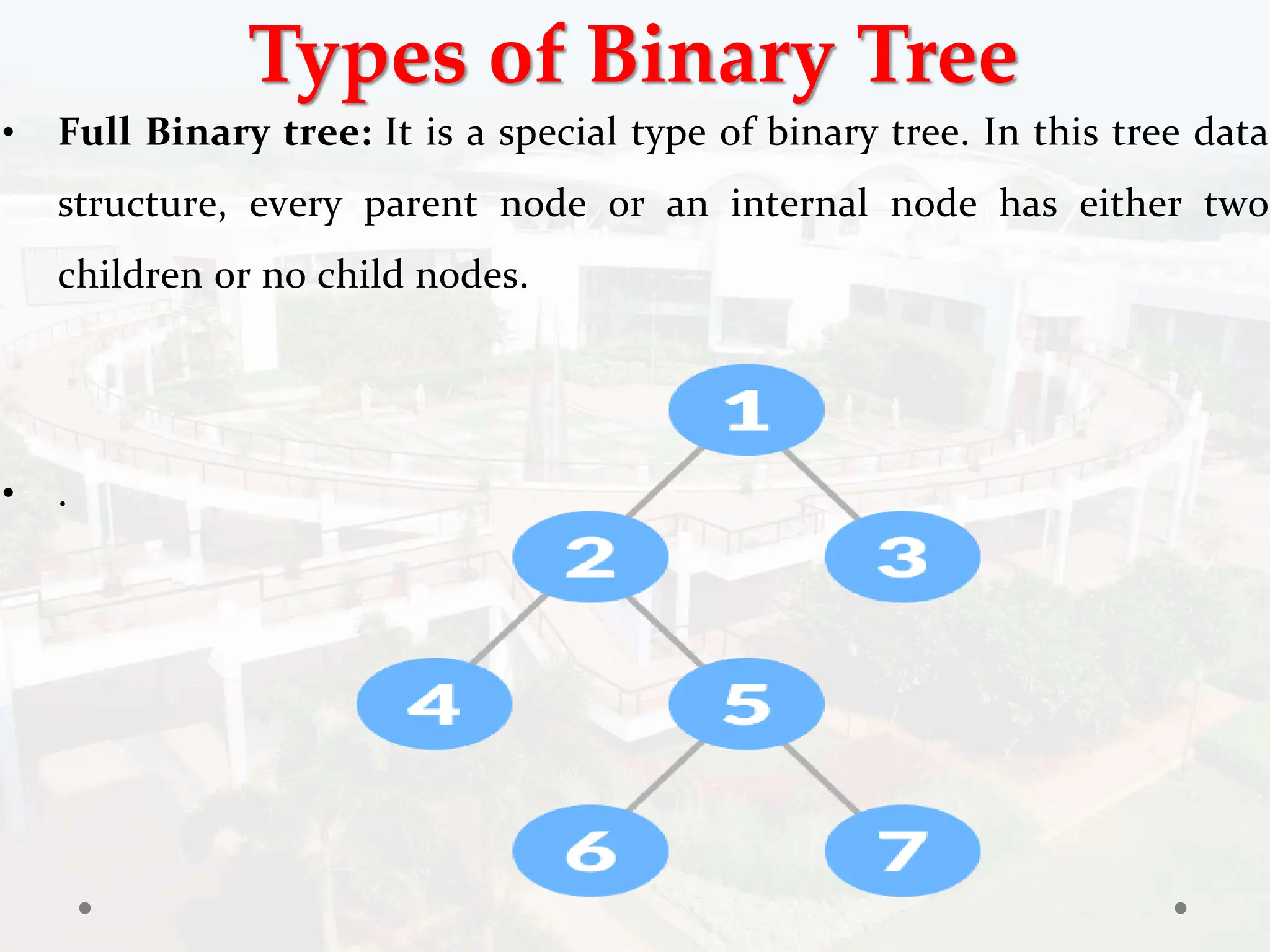 Types of Binary Tree
• Full Binary tree: It is a special type of binary tree. In this tree data
structure, every parent node or an internal node has either two
children or no child nodes.
• .
 