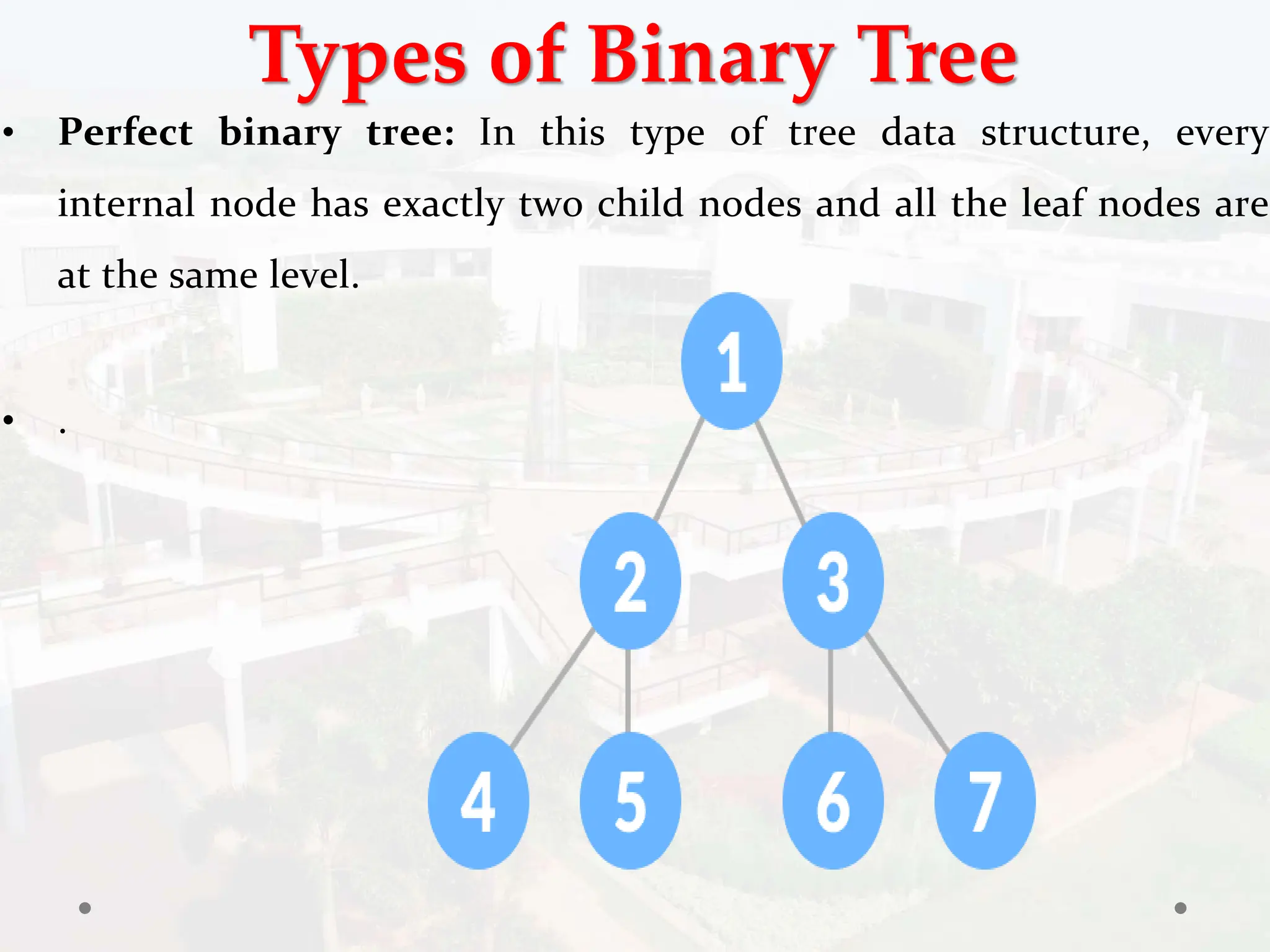 Types of Binary Tree
• Perfect binary tree: In this type of tree data structure, every
internal node has exactly two child nodes and all the leaf nodes are
at the same level.
• .
 