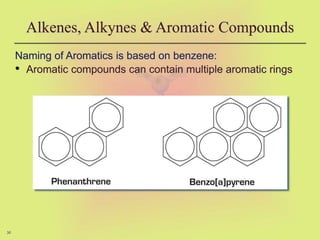 36
Alkenes, Alkynes & Aromatic Compounds
Naming of Aromatics is based on benzene:
• Aromatic compounds can contain multiple aromatic rings
 
