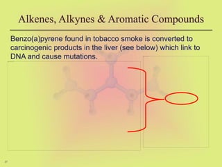 37
Alkenes, Alkynes & Aromatic Compounds
Benzo(a)pyrene found in tobacco smoke is converted to
carcinogenic products in the liver (see below) which link to
DNA and cause mutations.
 