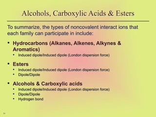 54
To summarize, the types of noncovalent interact ions that
each family can participate in include:
• Hydrocarbons (Alkanes, Alkenes, Alkynes &
Aromatics)
• Induced dipole/Induced dipole (London dispersion force)
• Esters
• Induced dipole/Induced dipole (London dispersion force)
• Dipole/Dipole
• Alcohols & Carboxylic acids
• Induced dipole/Induced dipole (London dispersion force)
• Dipole/Dipole
• Hydrogen bond
Alcohols, Carboxylic Acids & Esters
 