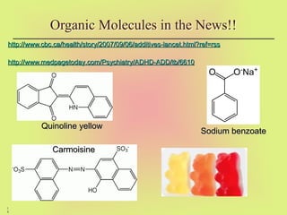 1
4
http://www.
http://www.cbc
cbc.ca/health/story/2007/09/06/additives-lancet.html?ref=rss
.ca/health/story/2007/09/06/additives-lancet.html?ref=rss
http://www.
http://www.medpagetoday
medpagetoday.com/Psychiatry/ADHD-ADD/tb/6610
.com/Psychiatry/ADHD-ADD/tb/6610
Organic Molecules in the News!!
Carmoisine
Carmoisine
Quinoline yellow
Quinoline yellow
Sodium benzoate
Sodium benzoate
 