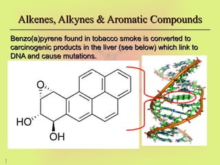 3
7
Alkenes, Alkynes & Aromatic Compounds
Alkenes, Alkynes & Aromatic Compounds
Benzo(a)pyrene found in tobacco smoke is converted to
Benzo(a)pyrene found in tobacco smoke is converted to
carcinogenic products in the liver (see below) which link to
carcinogenic products in the liver (see below) which link to
DNA and cause mutations.
DNA and cause mutations.
 