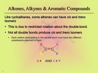 4
0
Alkenes, Alkynes & Aromatic Compounds
Alkenes, Alkynes & Aromatic Compounds
Like cycloalkanes, some alkenes can have
Like cycloalkanes, some alkenes can have cis
cis and
and trans
trans
isomers
isomers
• This is due to restricted rotation about the double-bond.
This is due to restricted rotation about the double-bond.
• Not all double bonds produce
Not all double bonds produce cis
cis and
and trans
trans isomers
isomers
• Each carbon participating in the double bond must have two different
Each carbon participating in the double bond must have two different
substituents attached to them
substituents attached to them
A ≠ B AND X ≠ Y
C C
A
B
X
Y
 