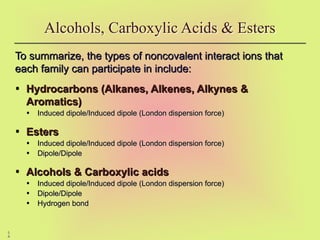 5
4
To summarize, the types of noncovalent interact ions that
To summarize, the types of noncovalent interact ions that
each family can participate in include:
each family can participate in include:
• Hydrocarbons (Alkanes, Alkenes, Alkynes &
Hydrocarbons (Alkanes, Alkenes, Alkynes &
Aromatics)
Aromatics)
• Induced dipole/Induced dipole (London dispersion force)
Induced dipole/Induced dipole (London dispersion force)
• Esters
Esters
• Induced dipole/Induced dipole (London dispersion force)
Induced dipole/Induced dipole (London dispersion force)
• Dipole/Dipole
Dipole/Dipole
• Alcohols & Carboxylic acids
Alcohols & Carboxylic acids
• Induced dipole/Induced dipole (London dispersion force)
Induced dipole/Induced dipole (London dispersion force)
• Dipole/Dipole
Dipole/Dipole
• Hydrogen bond
Hydrogen bond
Alcohols, Carboxylic Acids & Esters
 
