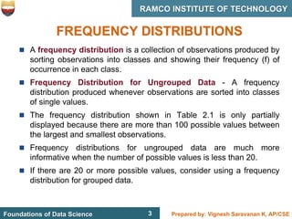 3 Prepared by: Vignesh Saravanan K, AP/CSE
Foundations of Data Science
RAMCO INSTITUTE OF TECHNOLOGY
3
FREQUENCY DISTRIBUTIONS
 A frequency distribution is a collection of observations produced by
sorting observations into classes and showing their frequency (f) of
occurrence in each class.
 Frequency Distribution for Ungrouped Data - A frequency
distribution produced whenever observations are sorted into classes
of single values.
 The frequency distribution shown in Table 2.1 is only partially
displayed because there are more than 100 possible values between
the largest and smallest observations.
 Frequency distributions for ungrouped data are much more
informative when the number of possible values is less than 20.
 If there are 20 or more possible values, consider using a frequency
distribution for grouped data.
 