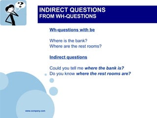 INDIRECT QUESTIONS  FROM WH-QUESTIONS Wh-questions with be Where is the bank? Where are the rest rooms? Indirect questions Could you tell me  where the bank is? Do you know  where the rest rooms are? 
