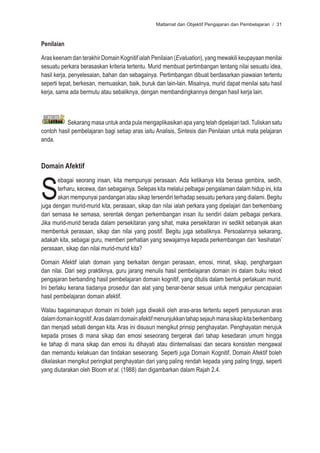 Matlamat dan Objektif Pengajaran dan Pembelajaran / 31



Penilaian

Aras keenam dan terakhir Domain Kognitif ialah Penilaian (Evaluation), yang mewakili keupayaan menilai
sesuatu perkara berasaskan kriteria tertentu. Murid membuat pertimbangan tentang nilai sesuatu idea,
hasil kerja, penyelesaian, bahan dan sebagainya. Pertimbangan dibuat berdasarkan piawaian tertentu
seperti tepat, berkesan, memuaskan, baik, buruk dan lain-lain. Misalnya, murid dapat menilai satu hasil
kerja, sama ada bermutu atau sebaliknya, dengan membandingkannya dengan hasil kerja lain.



          Sekarang masa untuk anda pula mengaplikasikan apa yang telah dipelajari tadi. Tuliskan satu
contoh hasil pembelajaran bagi setiap aras iaitu Analisis, Sintesis dan Penilaian untuk mata pelajaran
anda.



Domain Afektif



S
       ebagai seorang insan, kita mempunyai perasaan. Ada ketikanya kita berasa gembira, sedih,
       terharu, kecewa, dan sebagainya. Selepas kita melalui pelbagai pengalaman dalam hidup ini, kita
       akan mempunyai pandangan atau sikap tersendiri terhadap sesuatu perkara yang dialami. Begitu
juga dengan murid-murid kita, perasaan, sikap dan nilai ialah perkara yang dipelajari dan berkembang
dari semasa ke semasa, serentak dengan perkembangan insan itu sendiri dalam pelbagai perkara.
Jika murid-murid berada dalam persekitaran yang sihat, maka persekitaran ini sedikit sebanyak akan
membentuk perasaan, sikap dan nilai yang positif. Begitu juga sebaliknya. Persoalannya sekarang,
adakah kita, sebagai guru, memberi perhatian yang sewajarnya kepada perkembangan dan ‘kesihatan’
perasaan, sikap dan nilai murid-murid kita?

Domain Afektif ialah domain yang berkaitan dengan perasaan, emosi, minat, sikap, penghargaan
dan nilai. Dari segi praktiknya, guru jarang menulis hasil pembelajaran domain ini dalam buku rekod
pengajaran berbanding hasil pembelajaran domain kognitif, yang ditulis dalam bentuk perlakuan murid.
Ini berlaku kerana tiadanya prosedur dan alat yang benar-benar sesuai untuk mengukur pencapaian
hasil pembelajaran domain afektif.

Walau bagaimanapun domain ini boleh juga diwakili oleh aras-aras tertentu seperti penyusunan aras
dalam domain kognitif. Aras dalam domain afektif menunjukkan tahap sejauh mana sikap kita berkembang
dan menjadi sebati dengan kita. Aras ini disusun mengikut prinsip penghayatan. Penghayatan merujuk
kepada proses di mana sikap dan emosi seseorang bergerak dari tahap kesedaran umum hingga
ke tahap di mana sikap dan emosi itu dihayati atau diinternalisasi dan secara konsisten mengawal
dan memandu kelakuan dan tindakan seseorang. Seperti juga Domain Kognitif, Domain Afektif boleh
dikelaskan mengikut peringkat penghayatan dari yang paling rendah kepada yang paling tinggi, seperti
yang diutarakan oleh Bloom et al. (1988) dan digambarkan dalam Rajah 2.4.
 