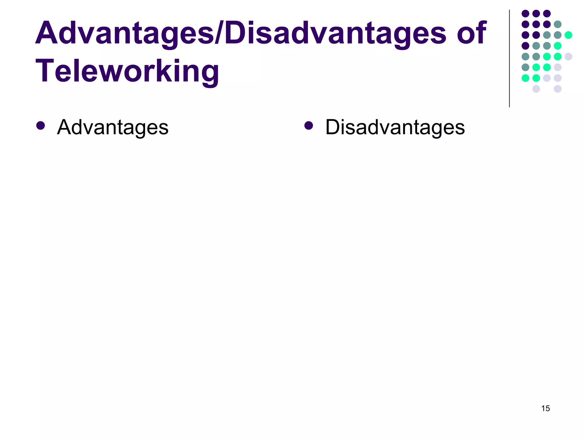 Advantages/Disadvantages of Teleworking Advantages Disadvantages 