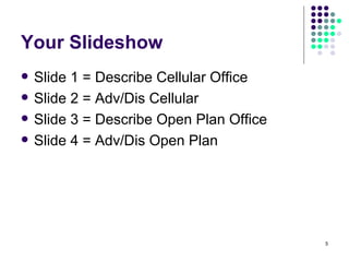 Your Slideshow Slide 1 = Describe Cellular Office Slide 2 = Adv/Dis Cellular Slide 3 = Describe Open Plan Office Slide 4 = Adv/Dis Open Plan 
