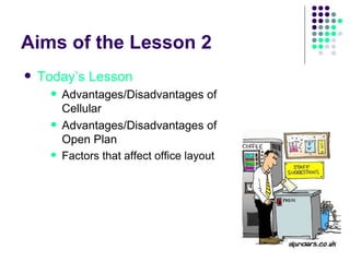 Aims of the Lesson 2 Today’s Lesson Advantages/Disadvantages of Cellular Advantages/Disadvantages of Open Plan Factors that affect office layout 