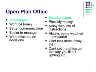 Open Plan Office Advantages Wont be lonely Better communication Easier to manage Wont miss out on decisions Disadvantages Possibly messy Noisy with lots of distractions Always being watched – pressured Cant lock items away – theft Cant set the office up the way you like it –lighting etc 