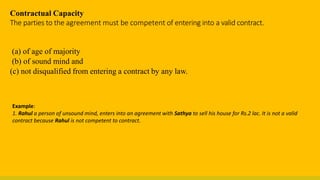 Contractual Capacity
The parties to the agreement must be competent of entering into a valid contract.
(a) of age of majority
(b) of sound mind and
(c) not disqualified from entering a contract by any law.
Example:
1. Rahul a person of unsound mind, enters into an agreement with Sathya to sell his house for Rs.2 lac. It is not a valid
contract because Rahul is not competent to contract.
 