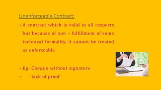 Unenforceable Contract:
• A contract which is valid in all respects
but because of non – fulfillment of some
technical formality, it cannot be treated
as enforceable
• Eg: Cheque without signature
• lack of proof
 