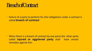 BreachofContract
• Failure of a party to perform his /her obligations under a contract is
called breach of contract
• When there is a breach of contract by one party the other party
called injured or aggrieved party shall have certain
remedies against him.
 