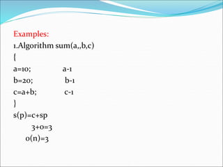 Examples:
1.Algorithm sum(a,,b,c)
{
a=10; a-1
b=20; b-1
c=a+b; c-1
}
s(p)=c+sp
3+0=3
0(n)=3
 