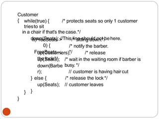 Customer
{ while(true) { /* protects seats so only 1 customer
triesto sit
in a chair if that's the case.*/
down(Seats); //This line should not behere.
if(FreeSeats >
0) {
FreeSeats--;
/* sitting down.*/
/* notify the barber.
*/
up(Customers); /* release
the lock*/ /* wait in the waiting room if barber is
busy. */
// customer is having haircut
/* release the lock */
// customer leaves
up(Seats);
down(Barbe
r);
} else {
up(Seats);
}
}
}
 