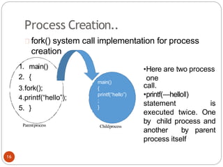 Process Creation..
1. main()
2. {
main()
{
printf(“hello”)
;
}
3.fork();
4.printf(“hello”);
5. }
Parentprocess Childprocess
fork() system call implementation for process
creation
•Here are two process
one
call.
•printf(―hello‖)
statement is
executed twice. One
by child process and
another by parent
process itself
16
 