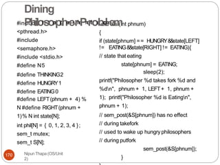 NipunThapa (OS/Unit
2)
170
#include
<pthread.h>
#include
<semaphore.h>
#include <stdio.h>
#define N5
#define THINKING2
#define HUNGRY1
#define EATING0
#define LEFT(phnum + 4) %
N #define RIGHT(phnum +
1)% N int state[N];
int phil[N] = { 0, 1, 2, 3, 4 };
sem_t mutex;
sem_t S[N];
void test(int phnum)
{
if (state[phnum] == HUNGRY&
&state[LEFT]
!= EATING&
&state[RIGHT] != EATING){
// state that eating
state[phnum] = EATING;
sleep(2);
printf("Philosopher %d takes fork %d and
%dn", phnum + 1, LEFT+ 1, phnum +
1); printf("Philosopher %d is Eatingn",
phnum + 1);
// sem_post(&S[phnum]) has no effect
// during takefork
// used to wake up hungryphilosophers
// during putfork
sem_post(&S[phnum]);
}
Dining
Philoh
st
t
op
s
p:
/
/
g
he
n
eu
ri
n
e
Pn
o
rt
e
os
.
bc
o
lm
em
 