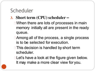 Scheduler
3. Short term (CPU) scheduler –
When there are lots of processes in main
memory initially all are present in the ready
queue.
Among all of the process, a single process
is to be selected for execution.
This decision is handled by short term
scheduler.
Let’s have a look at the figure given below.
It may make a more clear view for you.
 