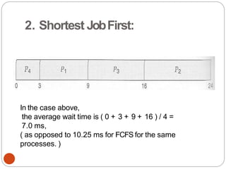 2. Shortest JobFirst:
In the case above,
the average wait time is ( 0 + 3 + 9 + 16 ) / 4 =
7.0 ms,
( as opposed to 10.25 ms for FCFS for the same
processes. )
 