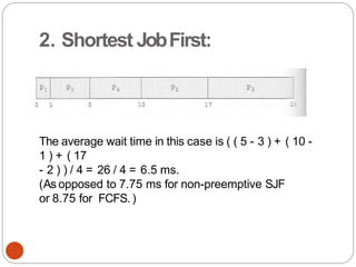 2. Shortest JobFirst:
The average wait time in this case is ( ( 5 - 3 ) + ( 10 -
1 ) + ( 17
- 2 ) ) / 4 = 26 / 4 = 6.5 ms.
(As opposed to 7.75 ms for non-preemptive SJF
or 8.75 for FCFS.)
 