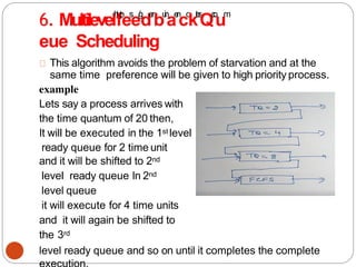 This algorithm avoids the problem of starvation and at the
same time preference will be given to high priority process.
example
Lets say a process arrives with
the time quantum of 20 then,
It will be executed in the 1st level
ready queue for 2 time unit
and it will be shifted to 2nd
level ready queue In 2nd
level queue
it will execute for 4 time units
and it will again be shifted to
the 3rd
level ready queue and so on until it completes the complete
6. Multilevelh
t
ft
p
es
:
e/
/
g
de
n
bu
i
n
ae
n
co
kt
e
s
Q.
c
o
um
eue Scheduling
 