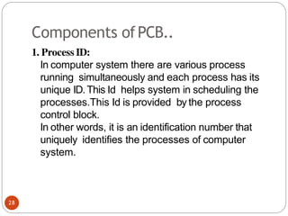 Components ofPCB..
1. Process ID:
In computer system there are various process
running simultaneously and each process has its
unique ID.This Id helps system in scheduling the
processes.This Id is provided by the process
control block.
In other words, it is an identification number that
uniquely identifies the processes of computer
system.
28
 