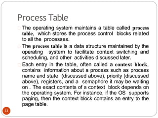 Process Table
The operating system maintains a table called process
table, which stores the process control blocks related
to all the processes.
The process table is a data structure maintained by the
operating system to facilitate context switching and
scheduling, and other activities discussed later.
Each entry in the table, often called a context block,
contains information about a process such as process
name and state (discussed above), priority (discussed
above), registers, and a semaphore it may be waiting
on . The exact contents of a context block depends on
the operating system. For instance, if the OS supports
paging, then the context block contains an entry to the
page table.
33
 