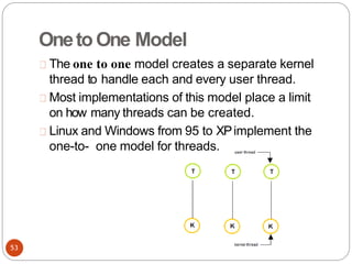 OnetoOne Model
The one to one model creates a separate kernel
thread to handle each and every user thread.
Most implementations of this model place a limit
on how many threads can be created.
Linux and Windows from 95 to XPimplement the
one-to- one model for threads.
53
 