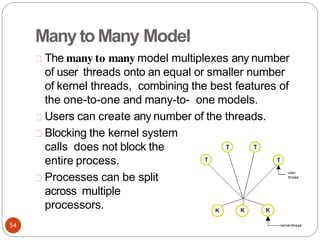 Manyto Many Model
The many to many model multiplexes any number
of user threads onto an equal or smaller number
of kernel threads, combining the best features of
the one-to-one and many-to- one models.
Users can create any number of the threads.
Blocking the kernel system
calls does not block the
entire process.
Processes can be split
across multiple
processors.
54
 