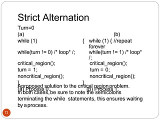 Strict Alternation
Turn=0
(a) (b)
while (1) { while (1) { //repeat
forever
while(turn != 0) /* loop* /; while(turn != 1) /* loop*
/;
critical_region(); critical_region();
turn = 1; turn = 0;
noncritical_region(); noncritical_region();
} }
(a) Process 0. (b) Process 1.
72
Aproposed solution to the critical regionproblem.
In both cases,be sure to note the semicolons
terminating the while statements, this ensures waiting
by aprocess.
 